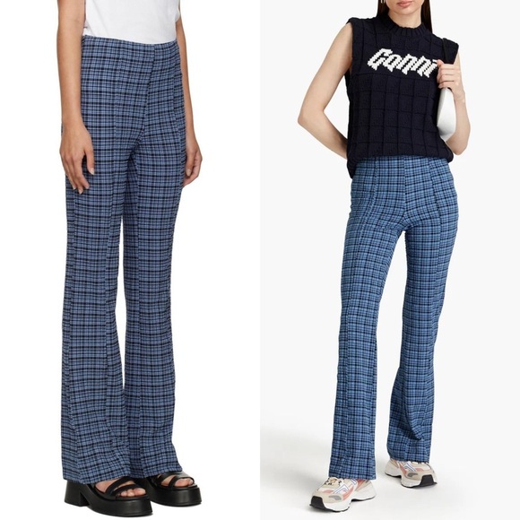 GANNI Plaid Check Stretch Seersucker High Rise Bootcut Flare Leg Pants 4 - Picture 2 of 10